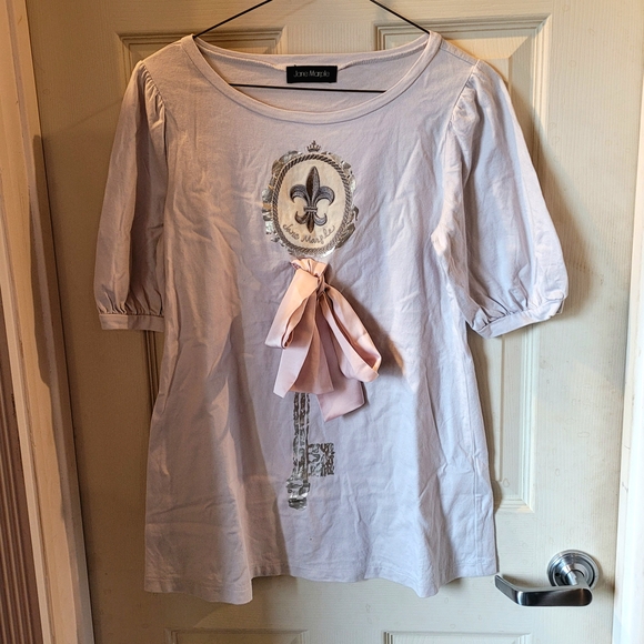 Jane Marple Tops - Fleur-De-Lis Key 3D Pink Ribbon Bow Gray Lavender Shirt Cutsew Top